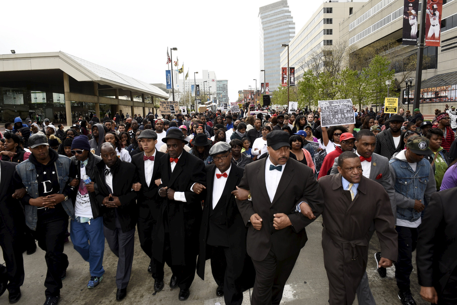 Demonstrators march to City Hall on April 25, 2015, to protest the death of Freddie Gray in Baltimore. Demonstrators march to City Hall on April 25, 2015, to protest the death of Freddie Gray in Baltimore.