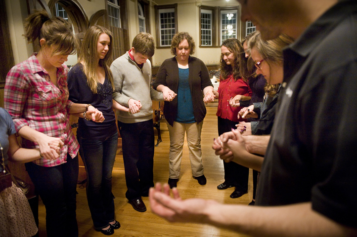 Young people pray in 2012 at the Newman Center-Catholic Student Center on the campus of Lindenwood University in St. Charles, Mo. (CNS/Lisa Johnston, St. Louis Review)