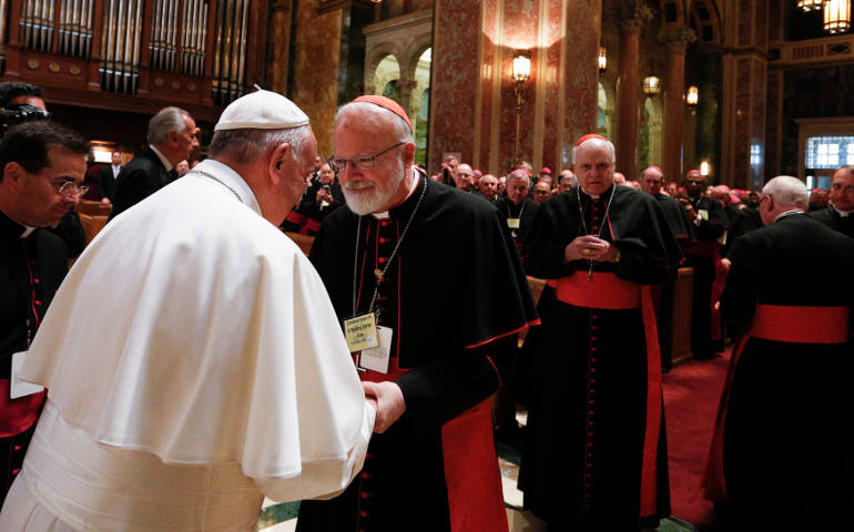 Cardinal Sean P. O'Malley of Boston meets with Pope Francis during a meeting with U.S. bishops at the Cathedral of St. Matthew the Apostle in Washington Sept. 23. O'Malley recently signed the Catholic Climate Petition, an effort endorsed by Francis that seeks world leaders to take steps to address climate change. (CNS photo/Paul Haring)