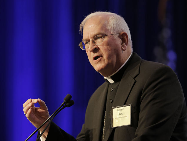 Archbishop Joseph E. Kurtz of Louisville, Ky., president of the U.S. Conference of Catholic Bishops, gives his address Nov. 16 during the bishops 2015 fall general assembly in Baltimore. (CNS/Bob Roller)
