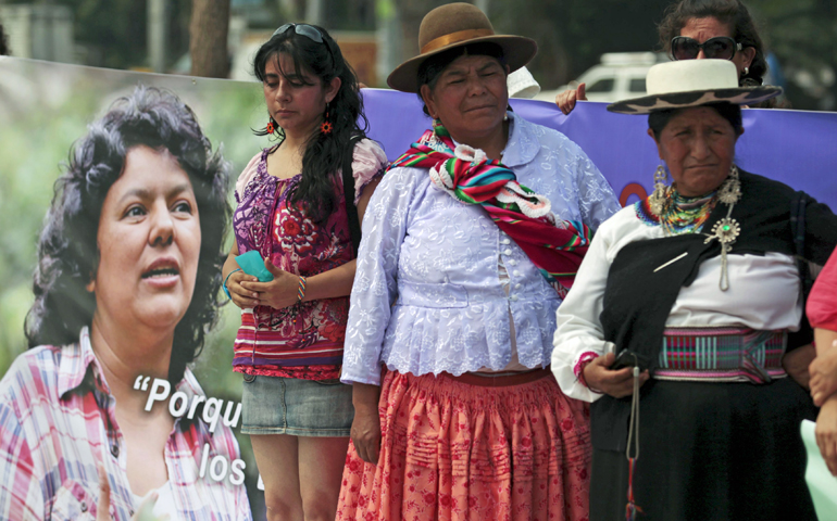 Women participate in an April 26, 2016, memorial service in San Salvador, El Salvador, for murdered environmental rights activist Berta Caceres Flores. (CNS/Jorge Cabrera, Reuters)