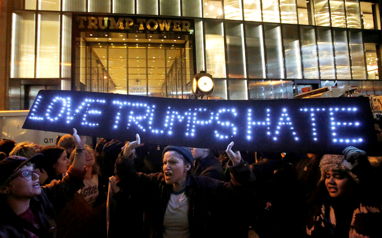 People protest outside Trump Tower in New York City following President-elect Donald Trump's election victory Nov. 9. (CNS/Andrew Kelly, Reuters)