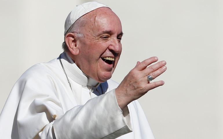 Pope Francis greets the crowd during his general audience in St. Peter's Square at the Vatican March 1. (CNS/Paul Haring)