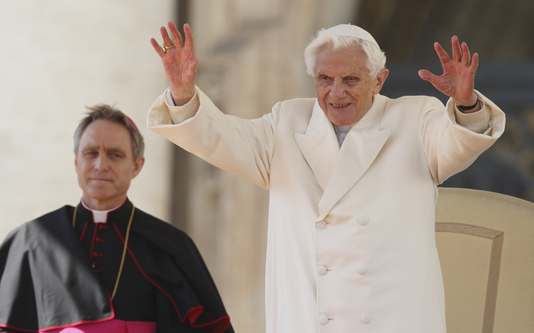 Pope Benedict XVI and Archbishop Georg Ganswein at Benedict's final general audience in St. Peter's Square on Feb. 27, 2013, at the Vatican. (CNS/Paul Haring)