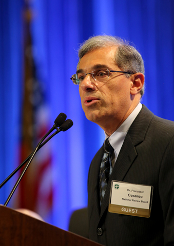 Francesco Cesareo, chairman of the National Review Board, speaks Wednesday during the annual spring meeting of the U.S. Conference of Catholic Bishops in New Orleans. (CNS/Bob Roller)