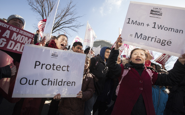 People take part in the March for Marriage on Tuesday outside the Supreme Court building in Washington as justices heard arguments in a case challenging California's same-sex marriage ban, the 2008 voter-approved ban known as Proposition 8. (CNS/Nancy Phelan Wiechec)