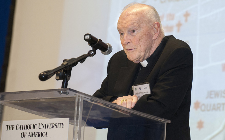 Cardinal Theodore McCarrick, retired archbishop of Washington, speaks Monday at a conference on "Religious Freedom & Human Rights: Path to Peace in the Holy Land -- That All May Be Free" at The Catholic University of America in Washington. (CNS/ Catholic University of America/Edmund Pfueller)