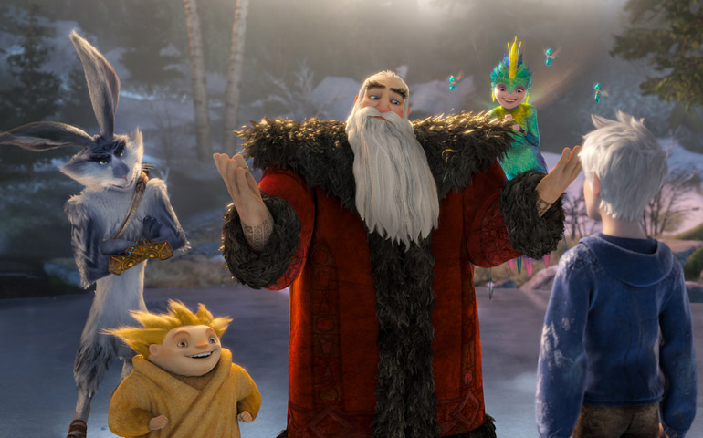 North (Alec Baldwin) welcomes Jack Frost (Chris Pine) in this scene from the animated movie "Rise of the Guardians." (CNS/DreamWorks Animation)