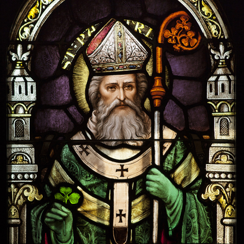 St. Patrick is depicted in a stained-glass window at St. Mary's Basilica in Phoenix (CNS/Nancy Wiechec)
