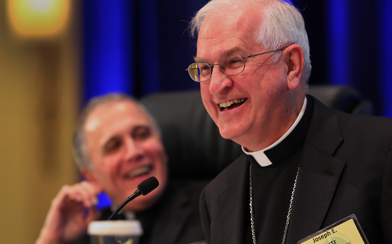 Cardinal Daniel DiNardo of Galveston-Houston, left, and Archbishop Joseph Kurtz of Louisville, Ky., on Monday at the bishops' annual fall general assembly Baltimore (CNS/Bob Roller)
