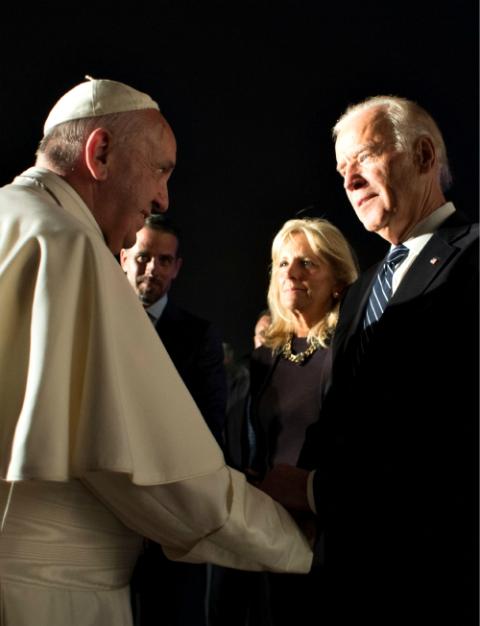 Pope Francis greets Vice President Joe Biden and his wife, Jill, during a farewell ceremony at Philadelphia International Airport Sept. 27, 2015. (CNS/L'Osservatore Romano, handout) Pope Francis greets Vice President Joe Biden and his wife, Jill, during a farewell ceremony at Philadelphia International Airport Sept. 27, 2015. (CNS/L'Osservatore Romano, handout)