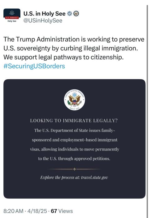 insensitive tweet US embassy to the Holy See tweet on immigration