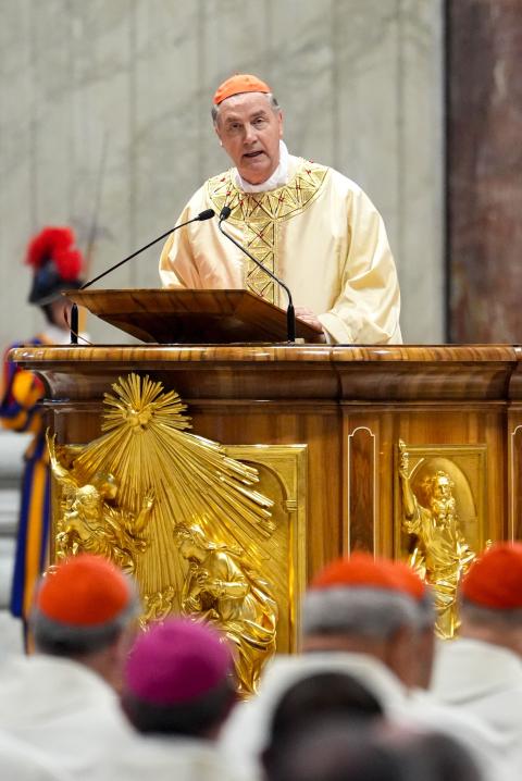 Cardinal Ángel Fernández Artime, pro-prefect of the dicastery for religious under Pope Francis, gives his homily during the Mass on the eighth day of the “novendiali,” nine days of mourning for Pope Francis, at the Altar of the Confession in St. Peter’s Basilica at the Vatican May 3, 2025. (CNS photo/Lola Gomez)