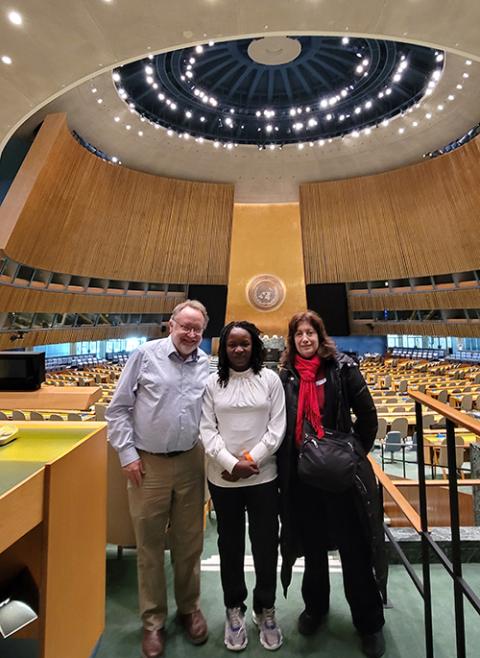 GSR international Correspondent Chris Herlinger, Africa-Mideast regional correspondent Doreen Ajiambo and Gail DeGeorge at the United Nations building in December 2022 (Courtesy of Gail DeGeorge)
