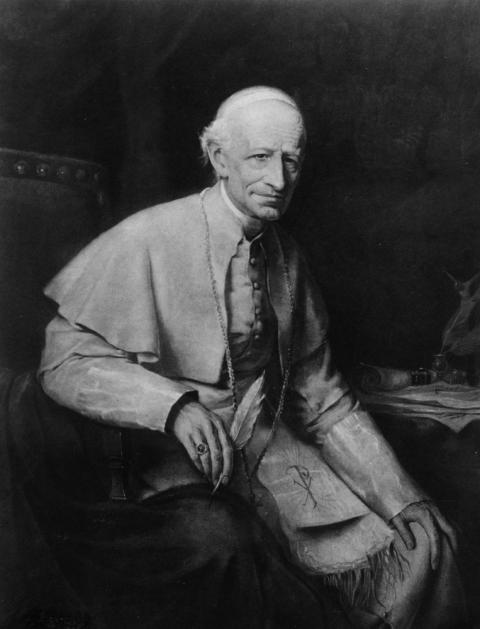 Portrait of Pope Leo XIII, pontiff from 1878 to 1903 This portrait of Pope Leo XIII, pontiff from 1878 to 1903, shows him holding a quill pen. In 1891, Pope Leo XIII articulated his vision of Catholic social teaching impacting the affairs of our world. (CNS/Library of Congress)