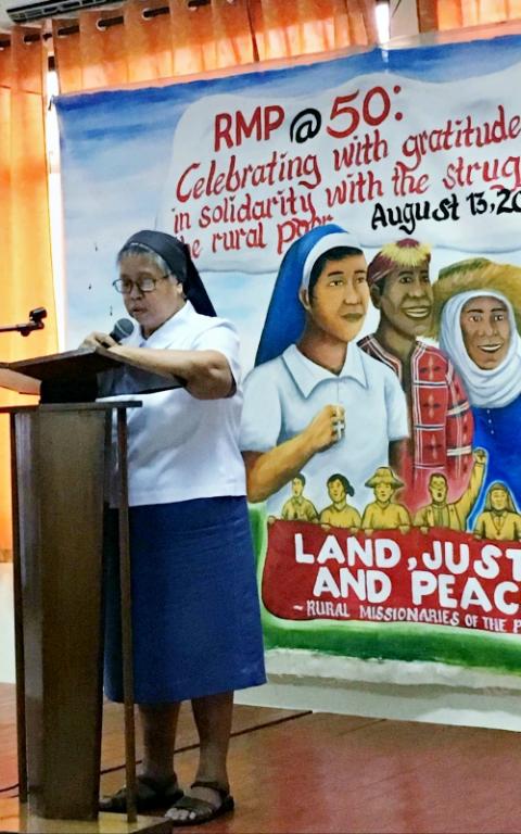 Sr. Emma Teresita Cupin of the Missionary Sisters of Mary gives her speech at the 50th founding anniversary celebration of the Rural Missionaries of the Philippines Aug. 13. (Provided photo) Sr. Emma Teresita Cupin of the Missionary Sisters of Mary gives her speech at the 50th founding anniversary celebration of the Rural Missionaries of the Philippines Aug. 13. (Provided photo)