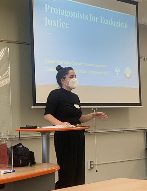 Anna Robertson gives a presentation on climate justice to high school students at Jesuit High School in Sacramento, California. (Courtesy of Anna Robertson) Anna Robertson gives a presentation on climate justice to high school students at Jesuit High School in Sacramento, California. (Courtesy of Anna Robertson)