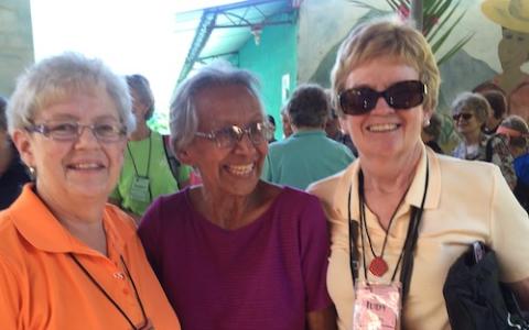 From left: St. Joseph Srs. Joanne Gallagher, Boston St. Joseph sisters, and Elena Jaramillo, Orange, California, St. Joseph sisters, with Judy Swett, a St. Joseph sisters associate, in Nueva Esperanza, El Salvador, the village where Elena lived in 2015 (P