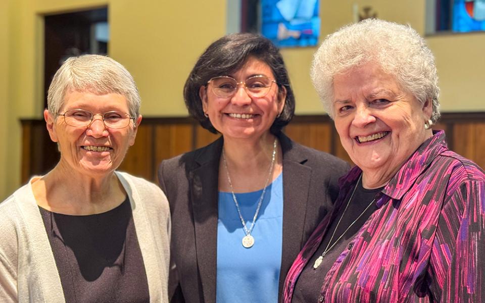 From left: Benedictine Srs. Helen Mueting, Helga Leija and Esther Fangman on the day of Leija's profession of vows. Leija wore a brand new suit found among the donations at the "R" store. (Courtesy of Helga Leija)