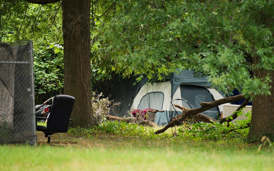 A tent is seen at a homeless encampment near the Kennedy Center in Washington Aug. 11, 2025. President Donald Trump said that day he will place the D.C. Metropolitan Police Department "under direct federal control," activate the National Guard, and "get rid of the slums" in what he called an effort to combat crime in the nation's capital. (OSV News/Reuters/Ken Cedeno)