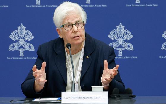 Loreto Sr. Patricia Murray, a member of the synod and executive secretary of the International Union of Superiors General, speaks during a briefing about the assembly of the Synod of Bishops at the Vatican Oct. 16. (CNS/Lola Gomez)