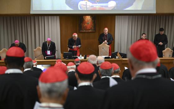 Cardinal Giovanni Battists Re, dean of the College of Cardinals, leads the fifth general congregation meeting of cardinals in the New Synod Hall at the Vatican April 28, 2025. (CNS photo/Vatican Media)