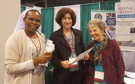 Sr. Jane Wakahiu, associate vice president of program operations and head of the Catholic Sisters Initiative at the Conrad N. Hilton Foundation, Gail DeGeorge, and Sr. Joyce Meyer, co-founder of Global Sisters Report, at the LCWR Assembly in 2023 (Courtesy of Gail DeGeorge)