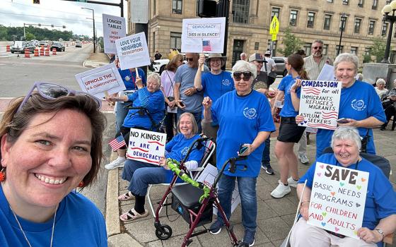 Sr. Eilis McCulloh with other Sisters of the Humility of Mary at the No Kings Day march on June 14, 2025, in Youngstown, Ohio (Eilis McCulloh)