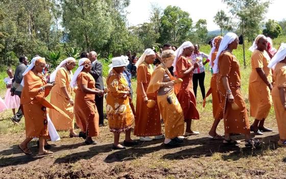 ]Sr. Joyce Meyer, in the center without a headpiece, joins sisters in Lusaka, Zambia, during a 2024 convening of sisters by the Conrad Hilton Foundation. (Courtesy of Joyce Meyer)